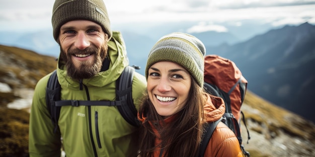 Una feliz pareja de turistas están haciendo senderismo en las montañas alpinas generativa de IA