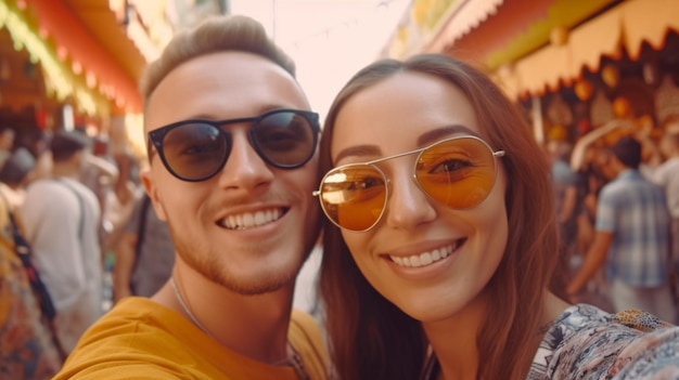 Una feliz pareja de turistas sonríe mientras visitan el mercado Jamaa elFna en Marrakech Marruecos usando IA generativa