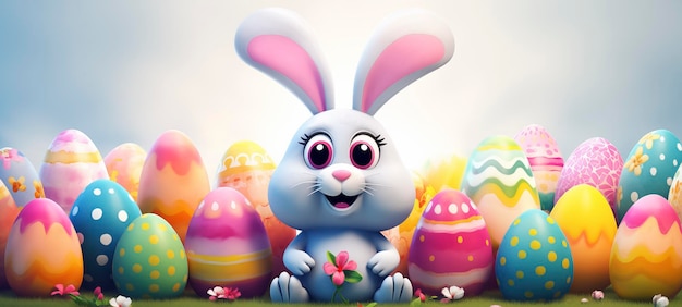 Feliz Páscoa bandeira colorida com bonito coelho de desenho animado e um monte de ovos