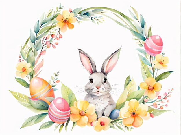Feliz Páscoa bonito coelho de Páscoa com coroa de flores ovos de Páscua flores folhas para saudar ba