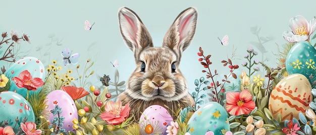 Feliz Páscoa, coelhinho adorável, desenho à mão em 2D, estilo boho, cercado por flores de primavera.