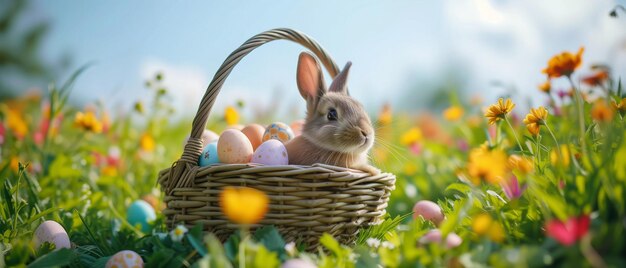 Feliz Páscoa, coelho bonito no cesto no jardim e ovos de Páscoa coloridos por todo o lado.