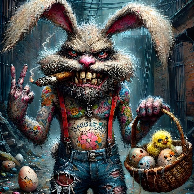 Feliz Páscoa, coelho mau, peludo sujo, olhos vermelhos e fumando com um cesto de ovos de Páscoa.