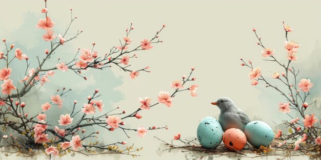 Feliz Páscoa coloridos ovos de chocolate de Páscoa com flores de cerejeira plano de fundo elegante terno