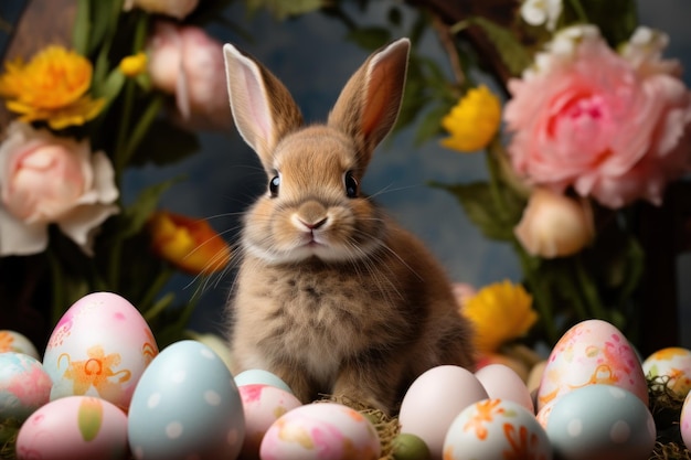Feliz Páscoa com coelho e ovos pintados decorados IA generativa