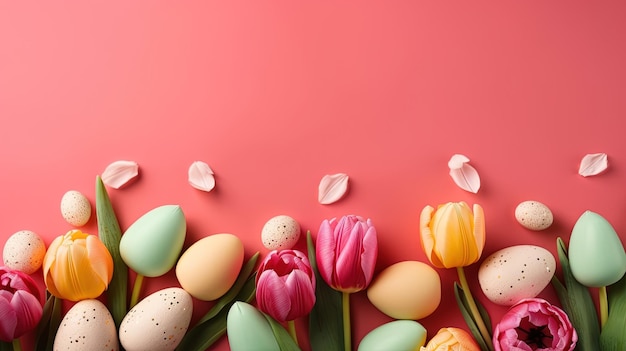 Feliz páscoa conceito de férias com tulipas e ovos decorativos em várias cores