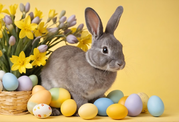 Foto feliz páscoa em casa com flores de primavera e um coelho em um fundo amarelo da sala