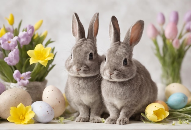 Feliz Páscoa em casa com flores de primavera e um coelho em um fundo de sala de luz