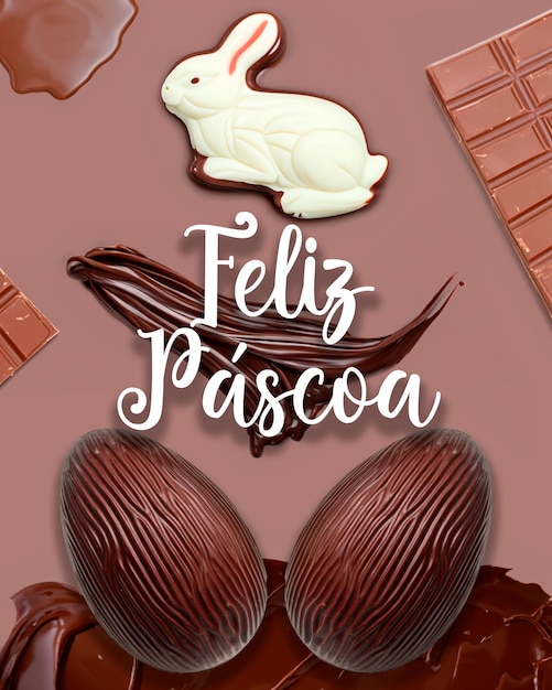 Feliz pascoa ovo de pascoa um cartaz de uma barra de chocolate com um coelho branco