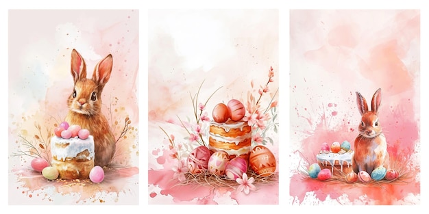 Feliz Pascua cartões de aquarela conjunto com bonito coelho de Páscoa decorados ovos flores de primavera e