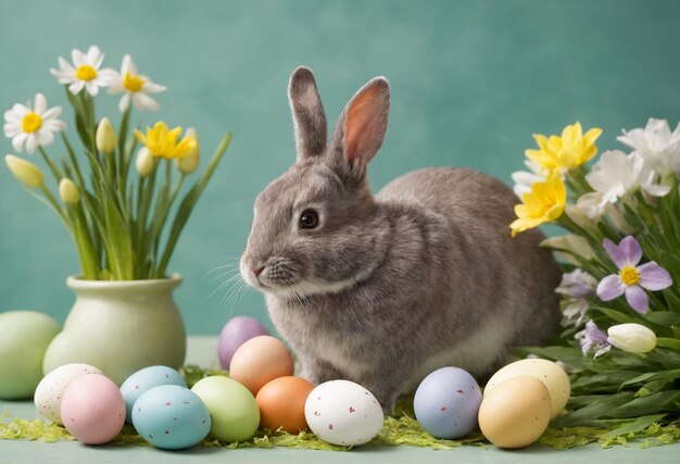 Feliz Pascua en casa con flores de primavera y un conejo en un fondo azul de la habitación