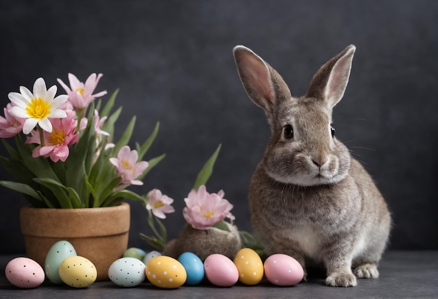 Feliz Pascua en casa con flores de primavera y un conejo en un fondo de habitación oscura