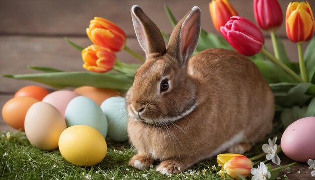 Foto feliz pascua en casa con huevos de colores flores de primavera y conejo acogedor