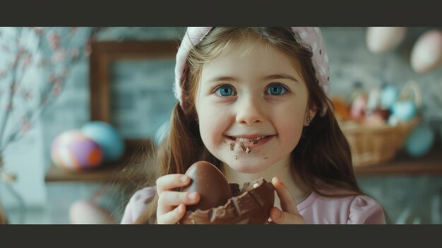 Feliz Pascua Chica linda con orejas de conejo abiertas rompiendo huevo de chocolate foto de alta calidad