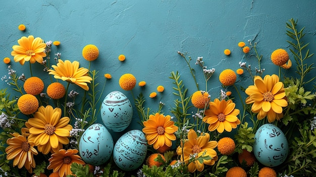 Feliz Pascua coloridos huevos de chocolate de Pascua con flores de cerezo colocados en el fondo azul