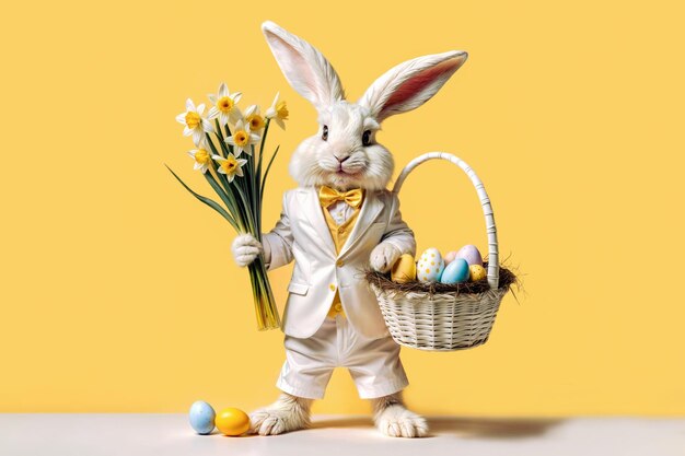 Feliz Pascua Conejo de Pascua con flores y una canasta de huevos de colores en un traje blanco