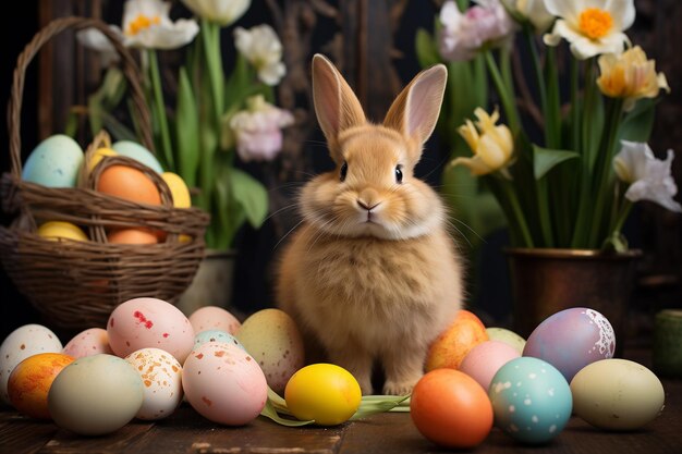 Feliz Pascua conejo de Pascua con huevos y flores