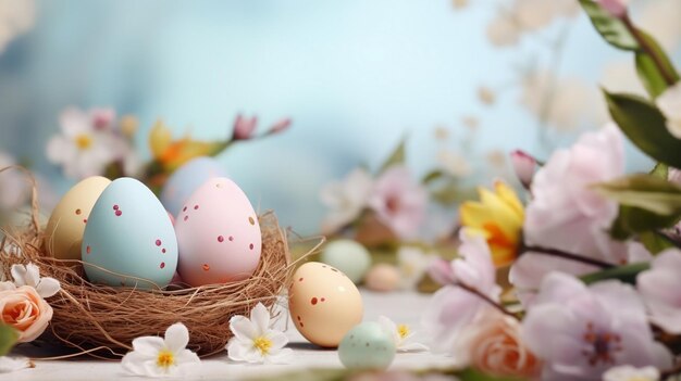 Feliz Pascua Felicitación Pascua de fondo Huevos de Pascua y flores