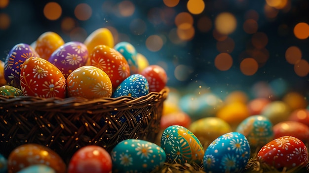 Feliz Pascua Huevos coloridos en cestas de mimbre al aire libre Fondo de vacaciones con espacio de copia