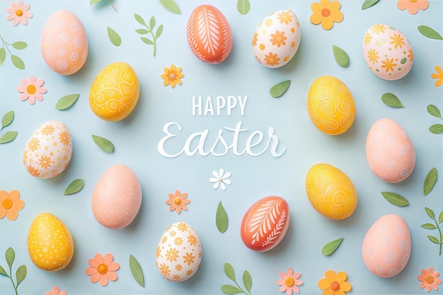 Feliz Pascua con huevos y flores decoradas de colores