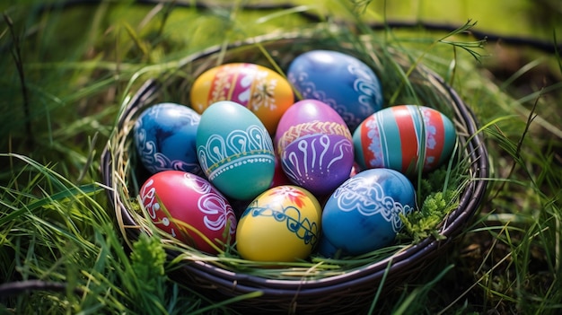 Feliz Pascua Huevos de Pascua en el césped en un soleado día de primavera