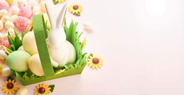 Feliz Pascua Huevos de Pascua y conejo en canasta verde sobre fondo rosa con rosas blancas y amarillas Tarjeta de vacaciones de primavera feliz Pascua Fondo de Pascua con espacio de copia Vista superior