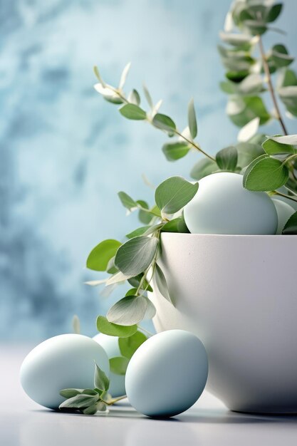 Feliz Pascua huevos de Pascua en una mesa con un mantel natural pintado huevos azules pastel y primavera