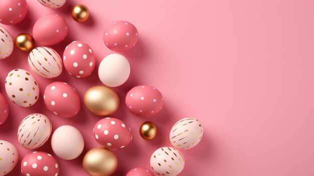 Foto feliz pascua huevos de pascua rosados en fondo rosado vista superior espacio de copia banner