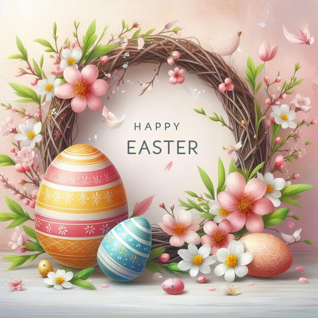 Feliz Pascua letras coloridas con flores huevo de Pascua colorido