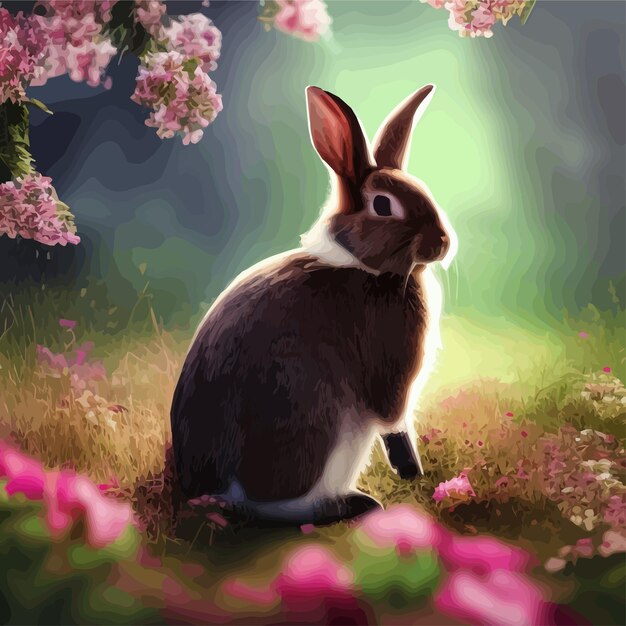 Feliz Pascua lindo hermoso conejito de Pascua en un prado soleado en flores decoradas tarjeta de Pascua tarjeta de felicitación en colores pastel