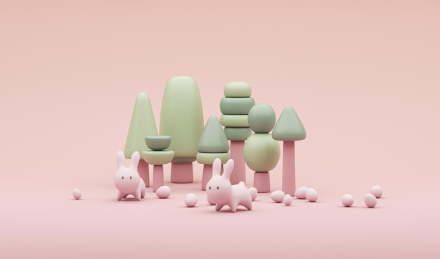 Feliz Pascua sobre fondo pastel Diseño Conejo con huevos Dibujos animados estilo minimalista 3d render