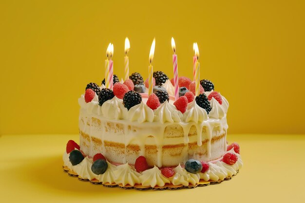 feliz pastel de cumpleaños disparado en un fondo amarillo con velas y mucho espacio