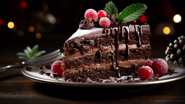 Foto feliz pastel de navidad con frutas con chocolate derretido generado por inteligencia artificial