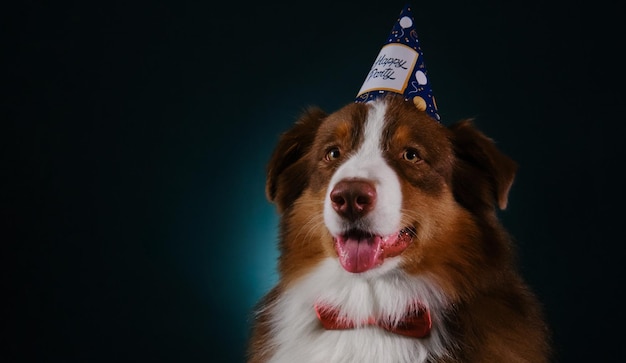 Feliz pastor australiano marrom estiloso e elegante comemora aniversário retrato de estúdio aussie