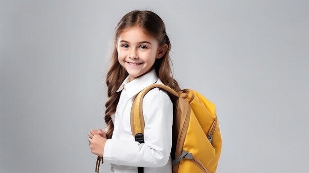 Feliz pequeña estudiante inteligente con libro y bolsa sobre fondo blanco aislado