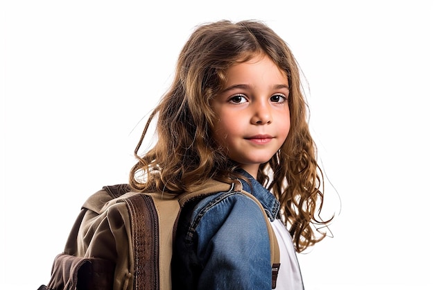 Feliz pequeña estudiante inteligente con libro y bolsa sobre fondo blanco aislado