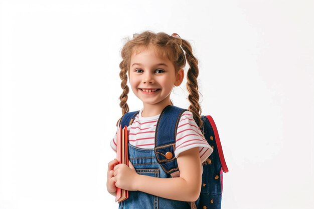 Feliz pequeña estudiante inteligente con libro y bolsa sobre fondo blanco aislado