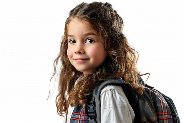 Feliz pequeña estudiante inteligente con libro y bolsa sobre fondo blanco aislado
