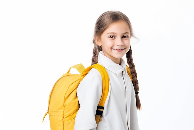 Feliz pequeña estudiante inteligente con libro y bolsa sobre fondo blanco aislado