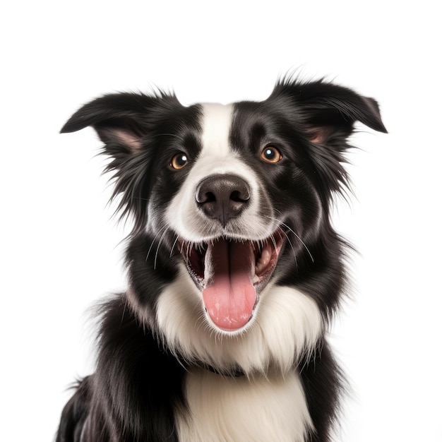 Feliz perro border collie exultante congelado de alegría aislado sobre un fondo blanco