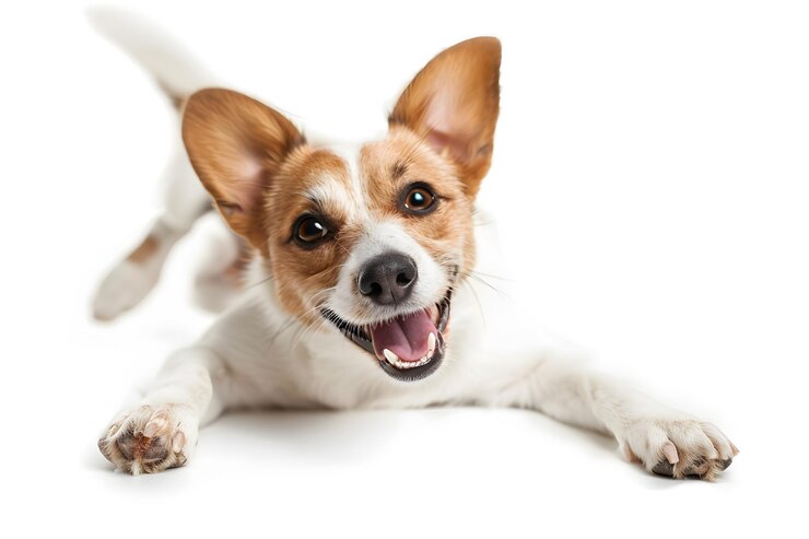 Feliz perro juguetón saltando aislado en blanco