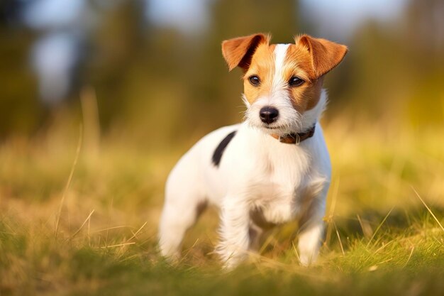 Feliz perro mascota jack russell terrier esperando escuchando en la hierba