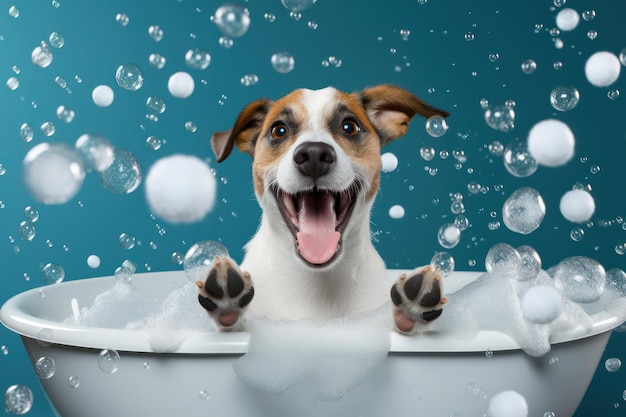 Feliz perro mojado salpicando en el lago de verano