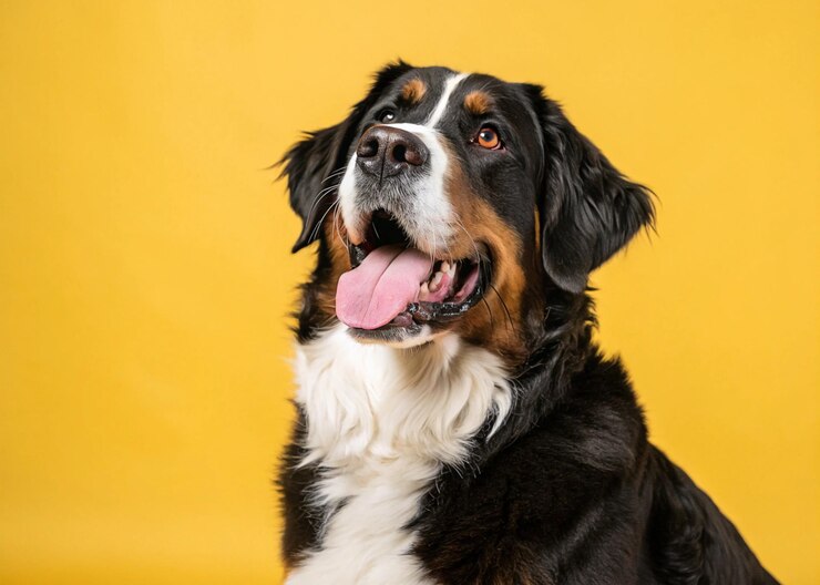 Feliz perro de montaña bernese foto de cerca con fondo amarillo estudio