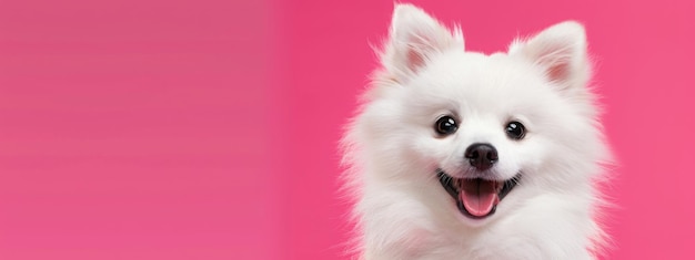 Feliz perro peludo blanco aislado en un fondo rosa brillante Banner con una hermosa mascota sonriente Pomera