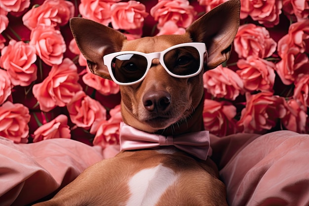 Foto feliz perro podenco con gafas de sol rojas y descansando en una cama de pétalos de rosa para el día de san valentín con una caja de regalos