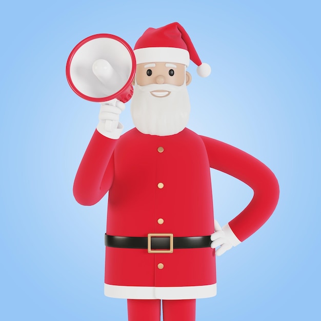 Feliz personagem de Papai Noel com um megafone Para cartões de Natal, banners e rótulos, ilustração 3D no estilo cartoon