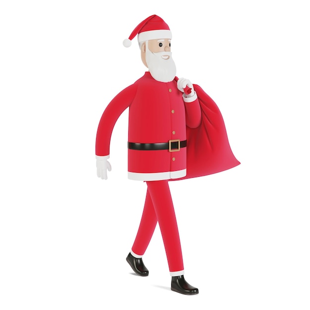 Feliz personagem de papai noel com um saco de presentes. para cartões de natal, banners e rótulos. ilustração 3d em estilo cartoon.