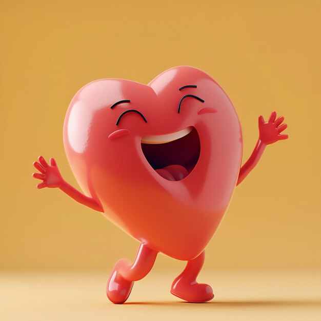 Feliz personaje de corazón rojo lindo ojos cerrados de placer y disfrute brazos levantados de felicidad