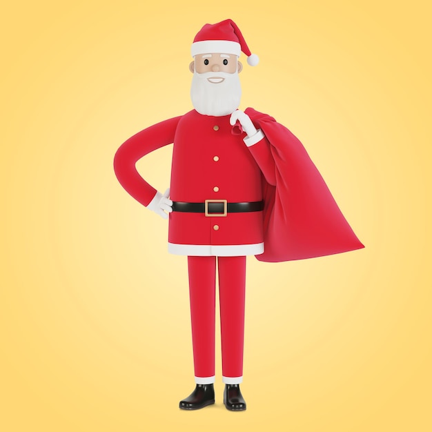 Feliz personaje de Santa Claus con una bolsa de regalos. Para tarjetas de Navidad, pancartas y etiquetas. Ilustración 3D en estilo de dibujos animados.